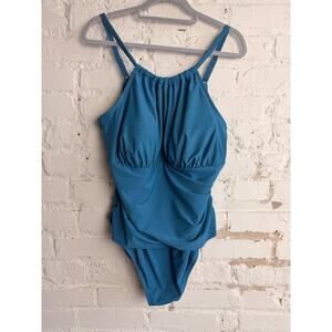 Cupshe One Piece Swimsuit 3X Blue Ruched Tummy Control Halter Swim NWT